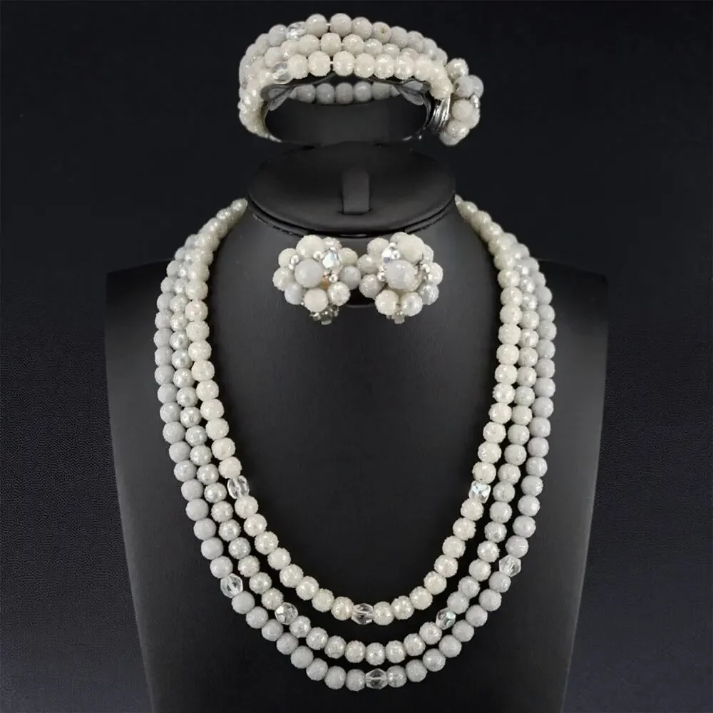 Vintage MCM Sugar Bead Parure Set White Multi Strand Necklace‎ Bracelet Set